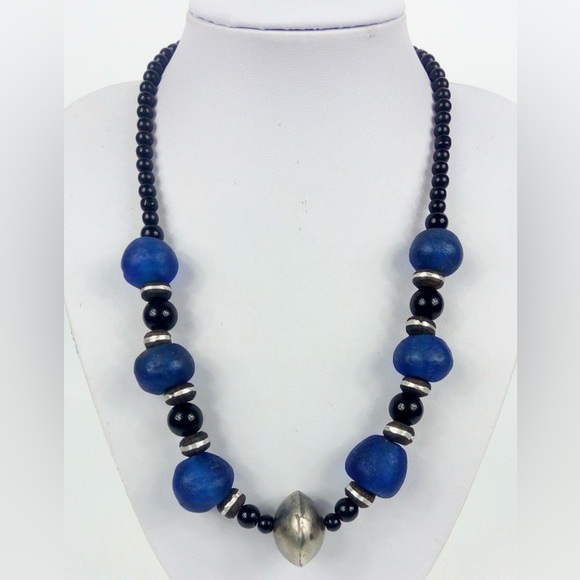Blue and Silver Beaded Necklace with Central Accent - Picture 1 of 4